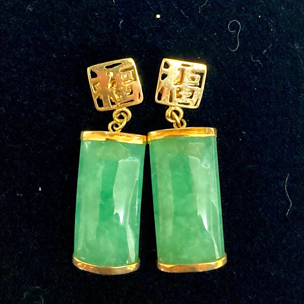 14KT Yellow Gold Lucky Fortune Green Jade Earrings